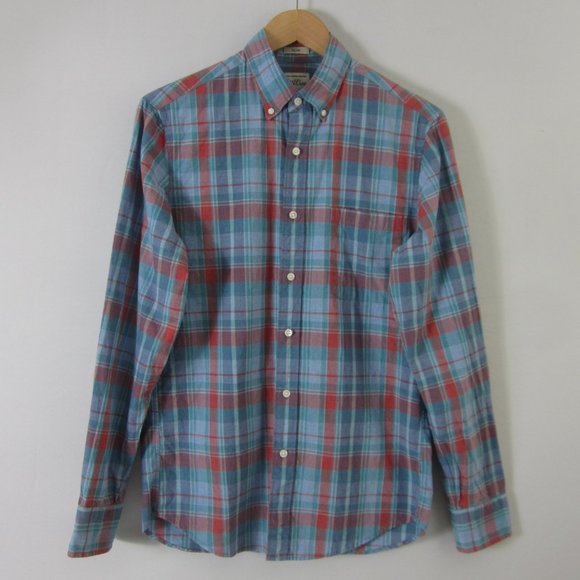 J. Crew Mens Small Slim Blue Red LS Plaid Madras 100% Cotton Button Down Shirt - Picture 1 of 4